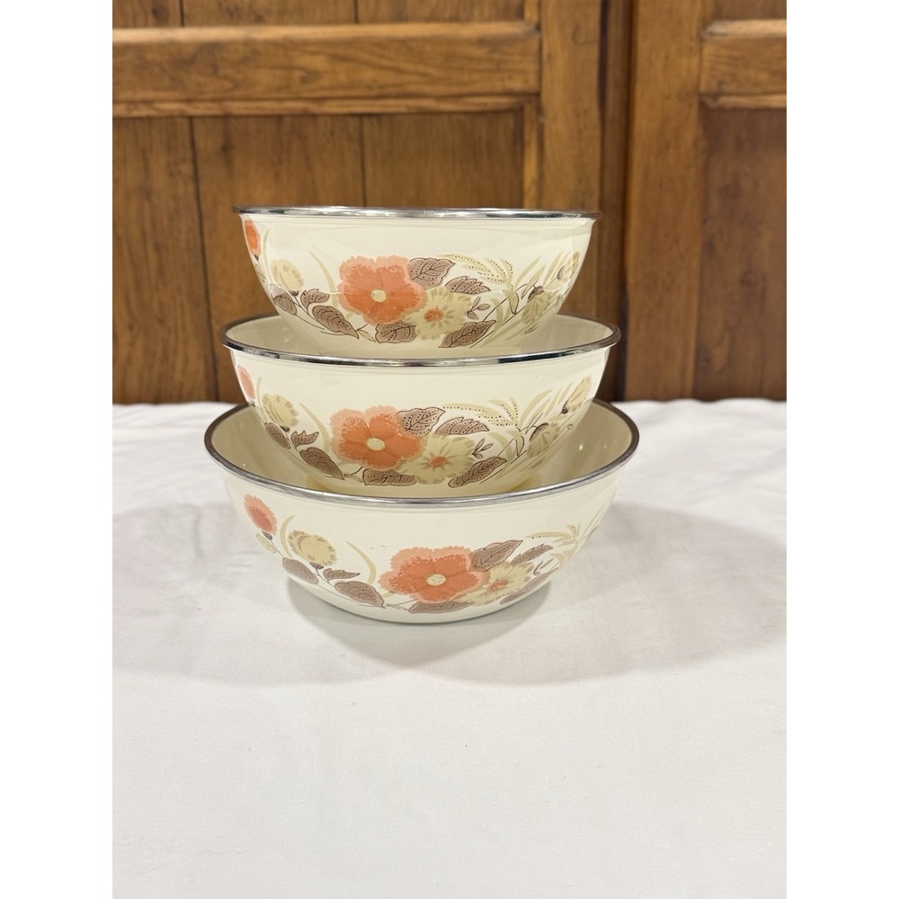 Vintage Enamelware Nesting Mixing Bowls Set 3 Orange Floral 70s Farmhouse